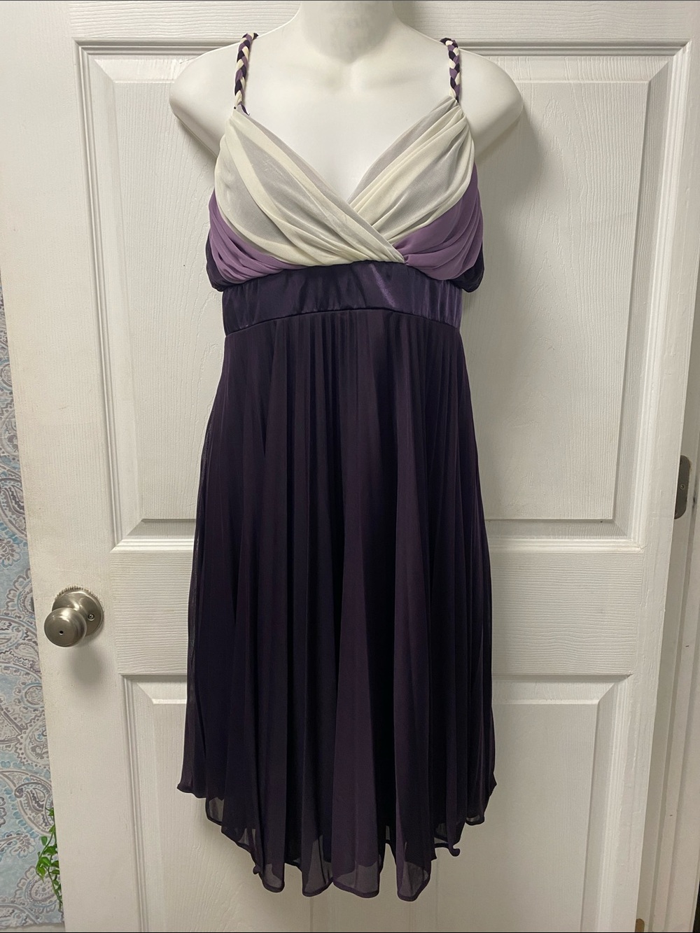 Twist Bodice Purple and Ivory Midi Dress with Braided Straps